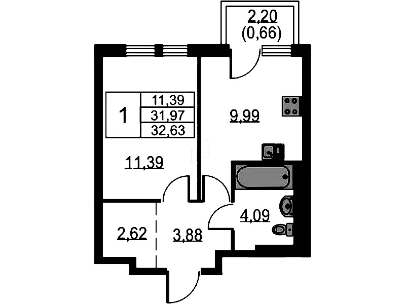 1-комнатная квартира 32.63 м², 4/12 эт., ЖК «Невская Долина»
